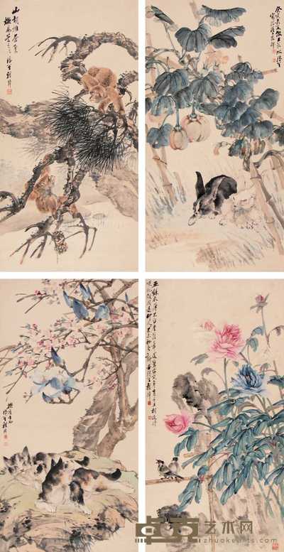 程璋 癸亥(1923年)作 花卉动物(四件) 立轴 103×52cm×4